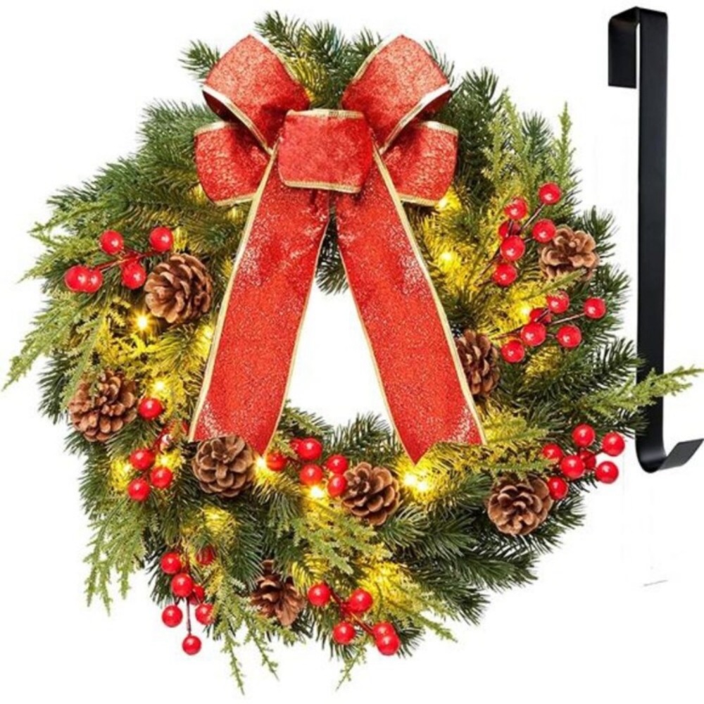 Christmas Wreath 16 inches , with Metal Hanger, Pre-Lit Artificial Christmas